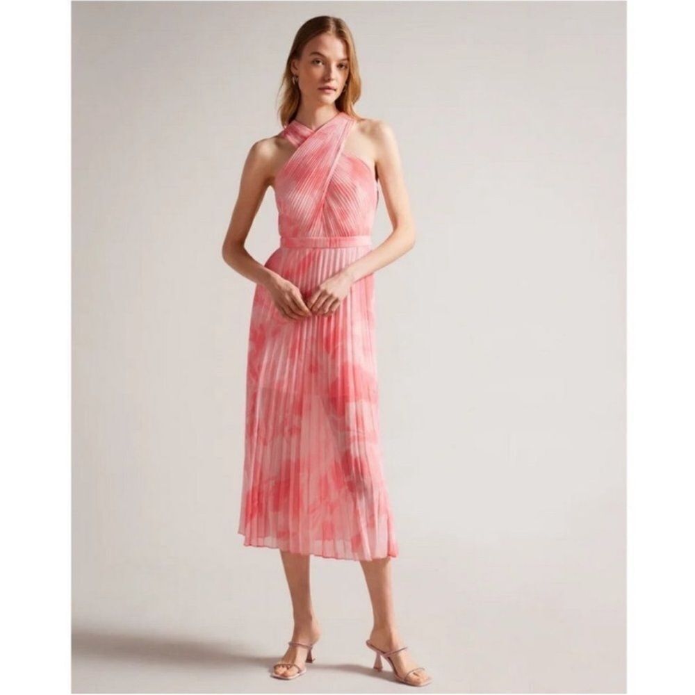 Ted Baker 'Mirelia' Cross Front Pleated Midi Dress - Coral